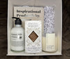Gift set with 'Oatmeal, Milk & Honey' hand cream, 'Rustic Bakery' cookies, and 'Lavender & Sage' candle in a box labeled 'Inspirational Productivity'.