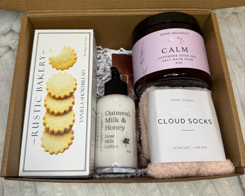 Relaxing Gift Box Set with natural lotion, cozy socks, relaxing Irene Organics Lavender Bath Soak, Rustic Bakery Vanilla Shortbread Cookies, and Korean Sheet Mask